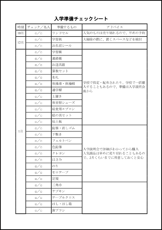 入学準備チェックシート19