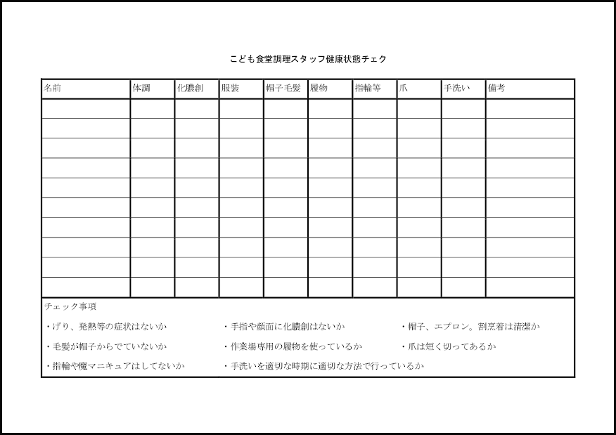 こども食堂調理スタッフ健康状態チェク24