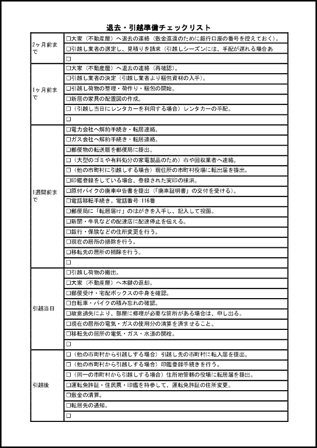 退去・引越準備チェックリスト19