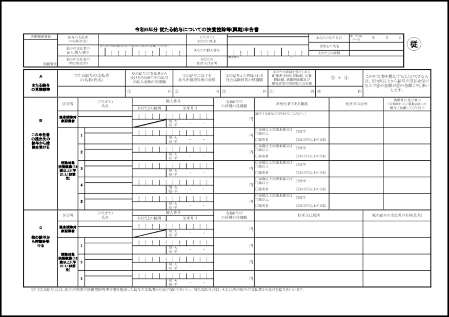 令和６年分 従たる給与についての扶養控除等(異動)申告書880